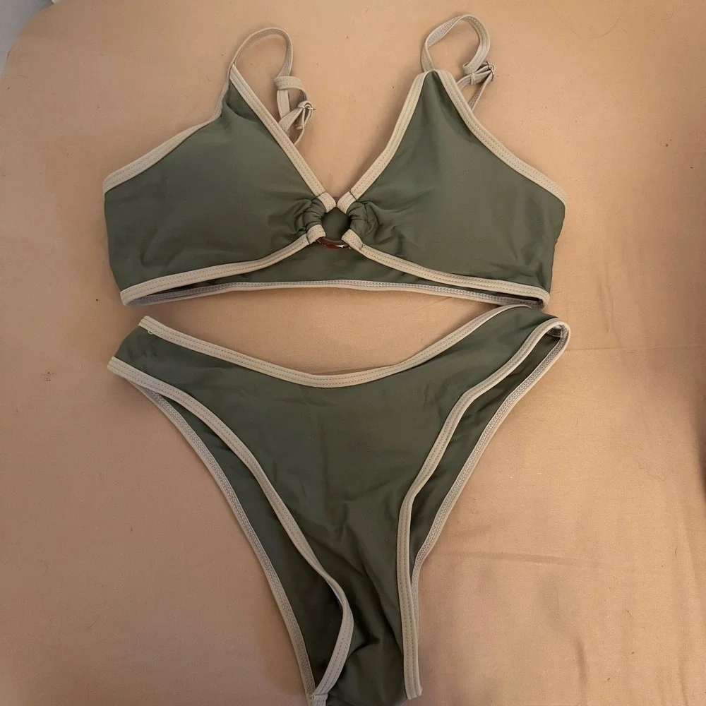 NWT Shein Olive Green Two Piece Bikini Swimsuit Ring Detail Size Small‎